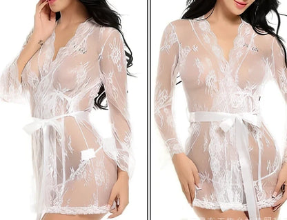 Black strappy nightdress and full-length polyester bathrobe set for sizes M to 5XL, lightweight at 300g with adjustable straps