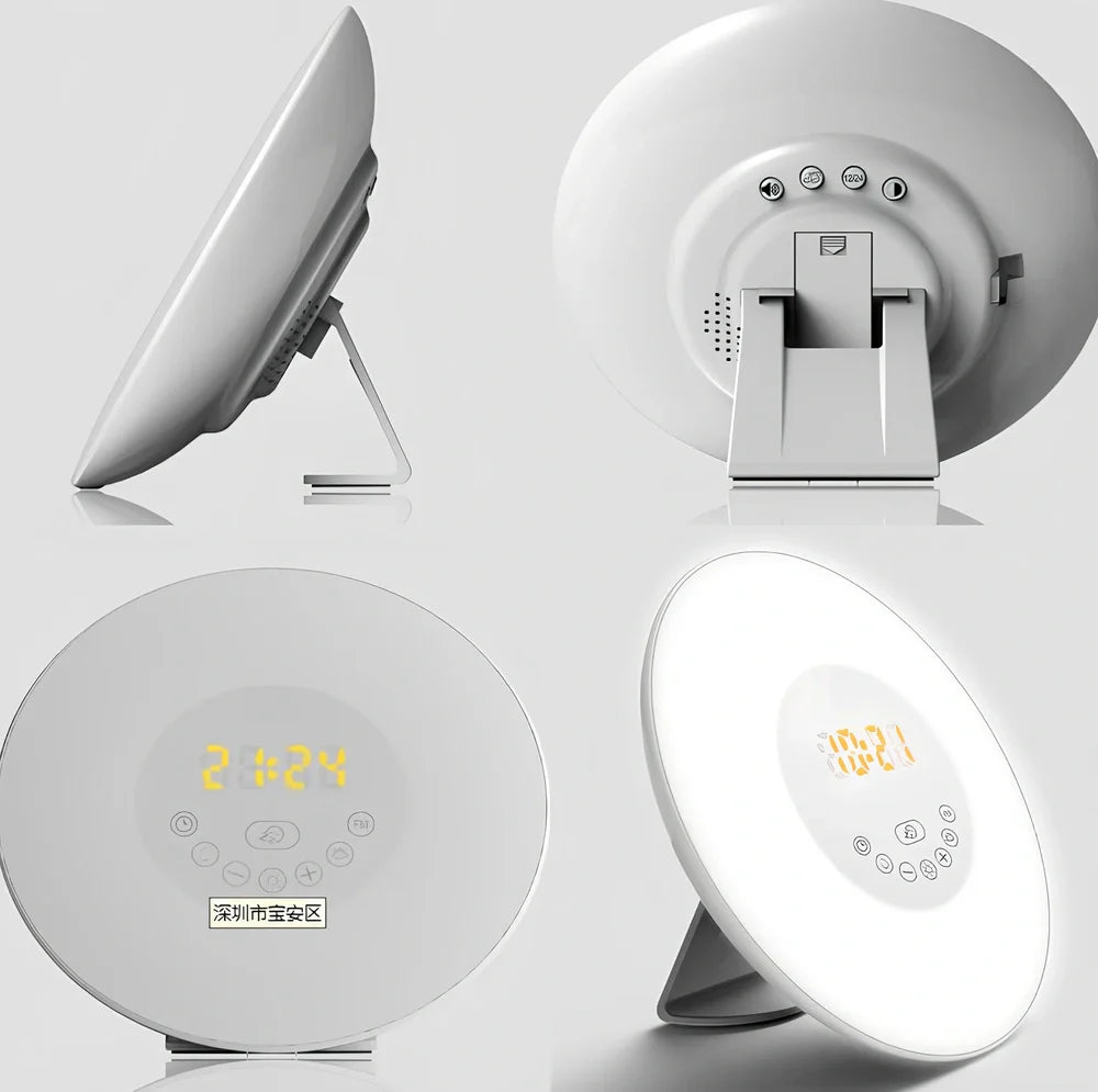 Sunrise alarm clock with reading light measuring 19×10.5×18mm with white and coloured LEDs