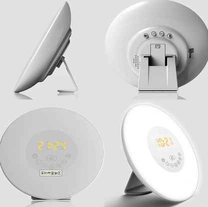 Sunrise alarm clock with reading light measuring 19×10.5×18mm with white and coloured LEDs