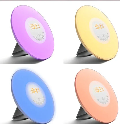 Sunrise alarm clock with reading light measuring 19×10.5×18mm with white and coloured LEDs