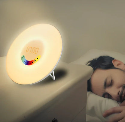 Sunrise alarm clock with reading light measuring 19×10.5×18mm with white and coloured LEDs