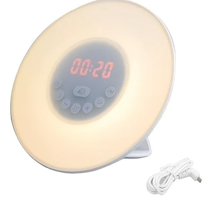 Sunrise alarm clock with reading light measuring 19×10.5×18mm with white and coloured LEDs