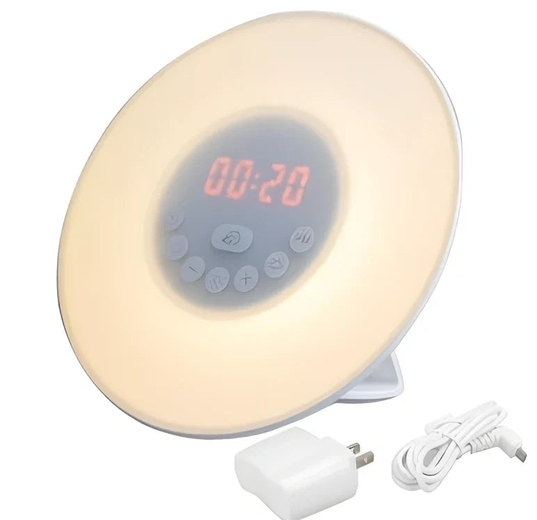 Sunrise alarm clock with reading light measuring 19×10.5×18mm with white and coloured LEDs