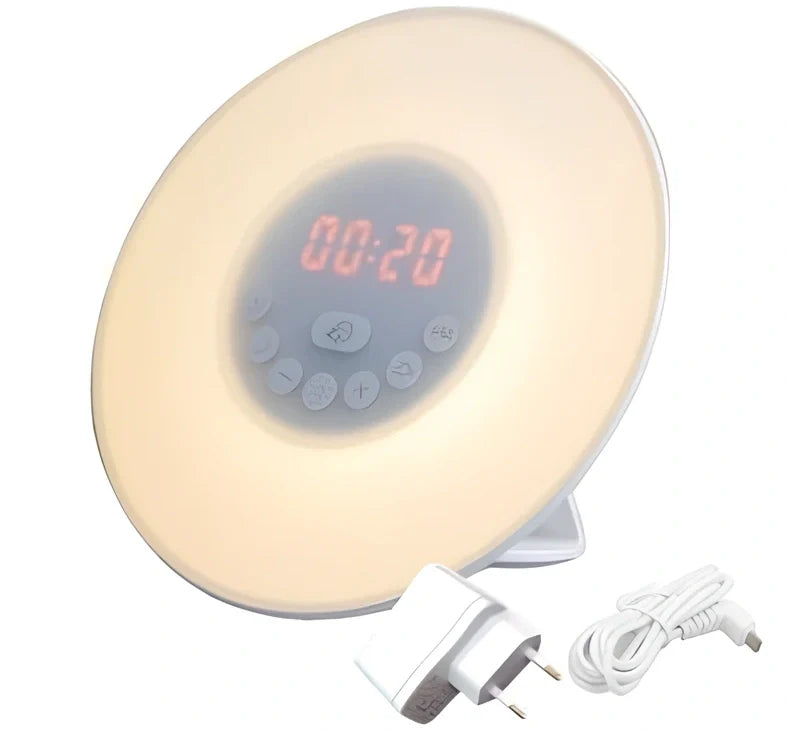 Sunrise alarm clock with reading light measuring 19×10.5×18mm with white and coloured LEDs