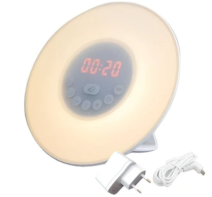 Sunrise alarm clock with reading light measuring 19×10.5×18mm with white and coloured LEDs