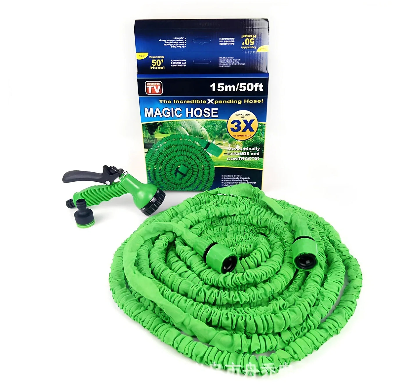 Expandable flexible water hose with spray gun showing green colour and extended length with water spraying in cone pattern