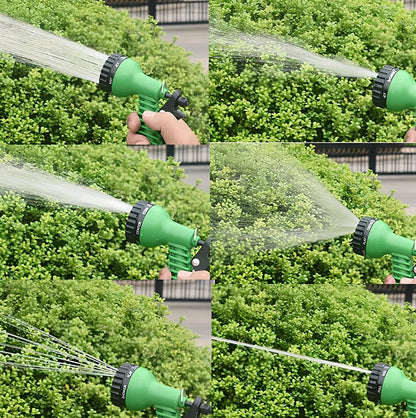 Expandable flexible water hose with spray gun showing green colour and extended length with water spraying in cone pattern