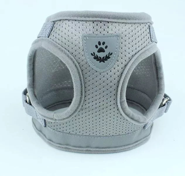 Reflective mesh dog harness and leash set in black, red, blue, and gray