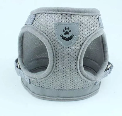 Reflective mesh dog harness and leash set in black, red, blue, and gray