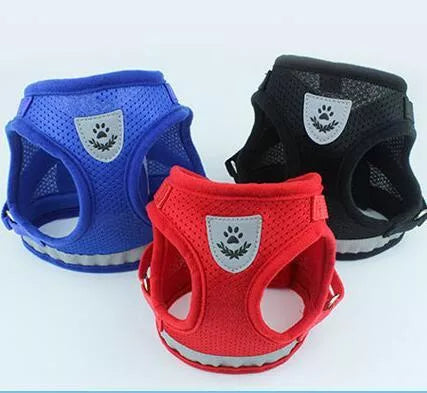 Reflective mesh dog harness and leash set in black, red, blue, and gray