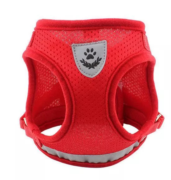 Reflective mesh dog harness and leash set in black, red, blue, and gray
