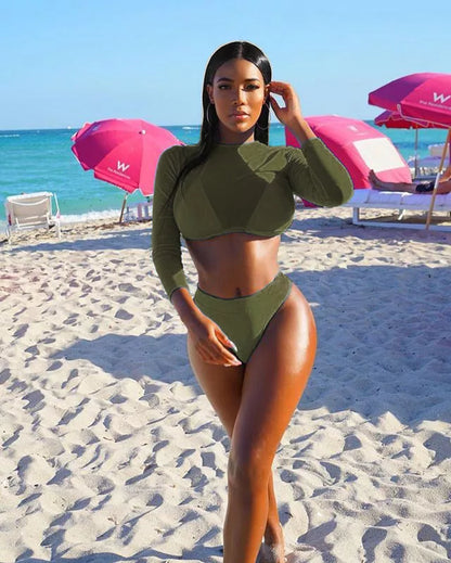 Three-piece solid orange high waist see-through bikini set for women