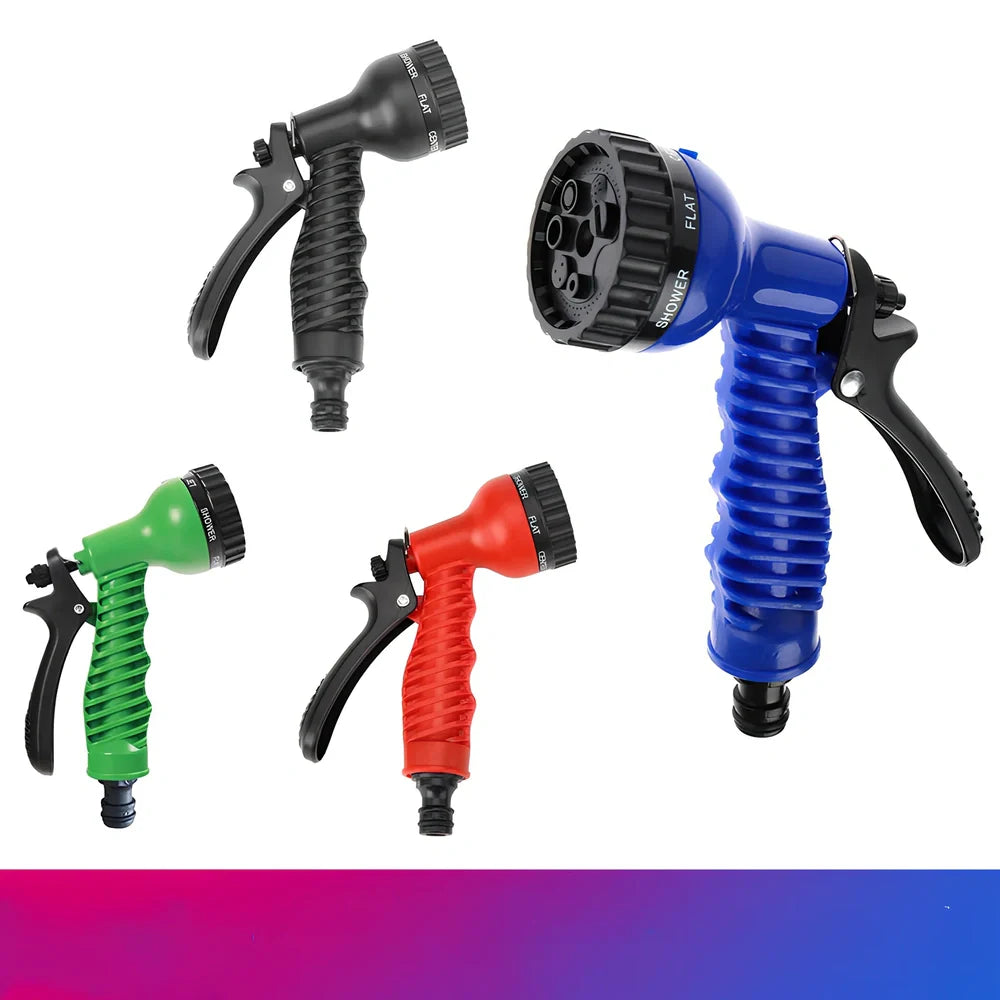 Telescopic garden hose sprinkler with ABS plastic gun head and handle, showing extended length for watering