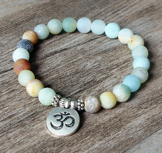 Handmade Matte Amazonite Beaded Charm Bracelet with OM Lotus charm for spiritual and fashion purposes