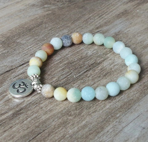 Handmade Matte Amazonite Beaded Charm Bracelet with OM Lotus charm for spiritual and fashion purposes