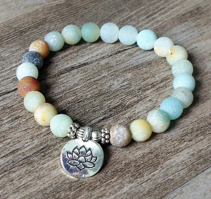 Handmade Matte Amazonite Beaded Charm Bracelet with OM Lotus charm for spiritual and fashion purposes