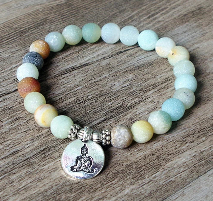 Handmade Matte Amazonite Beaded Charm Bracelet with OM Lotus charm for spiritual and fashion purposes