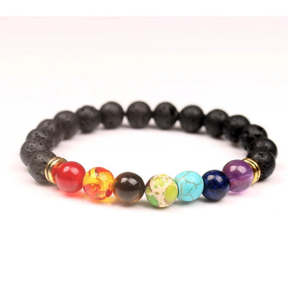 Handcrafted black lava beaded bracelet with seven chakra stones for healing and balance