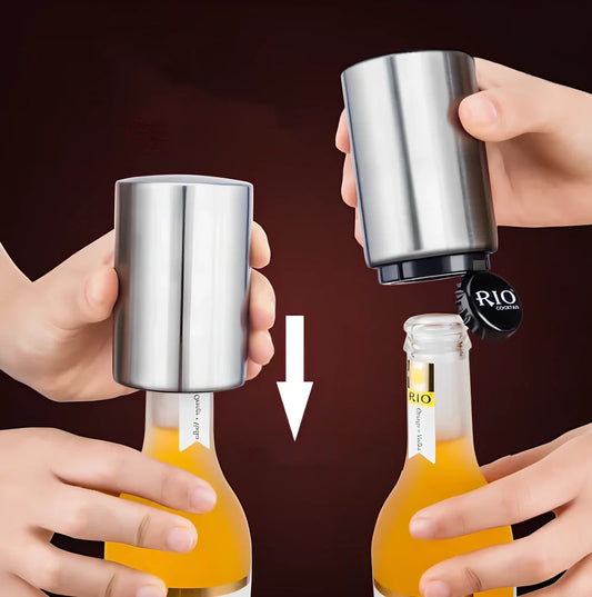 Stainless steel automatic press bottle opener with titanium-plated finish showing press mechanism and textured handle