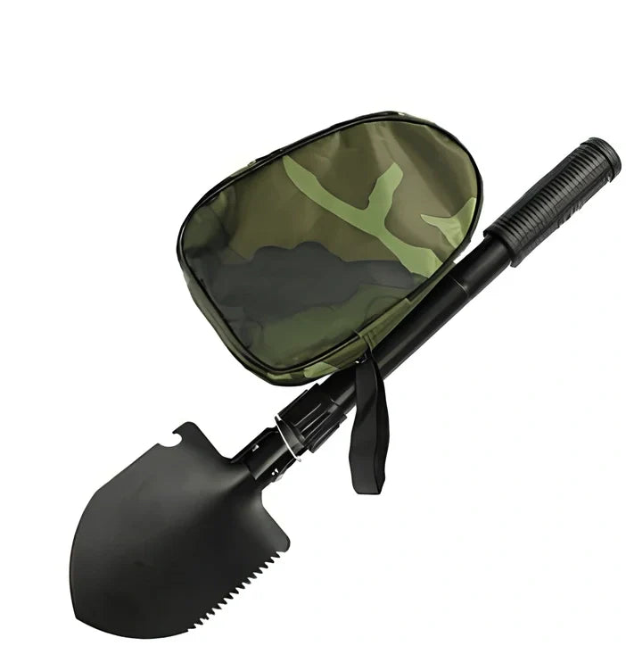 Military folding shovel extended to 40cm with pick end and saw blade visible