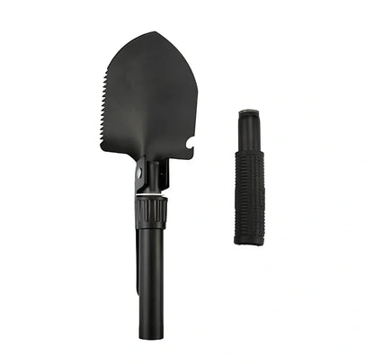 Military folding shovel extended to 40cm with pick end and saw blade visible