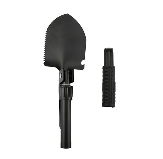 Military folding shovel extended to 40cm with pick end and saw blade visible
