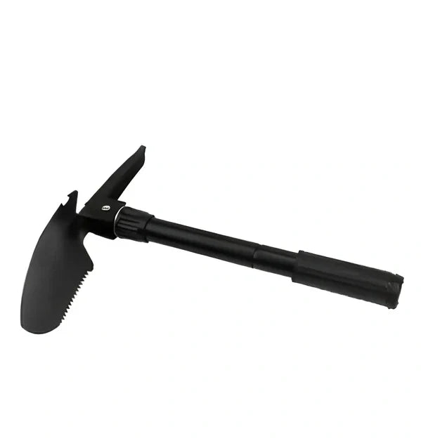 Military folding shovel extended to 40cm with pick end and saw blade visible