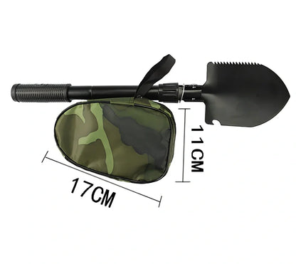 Military folding shovel extended to 40cm with pick end and saw blade visible