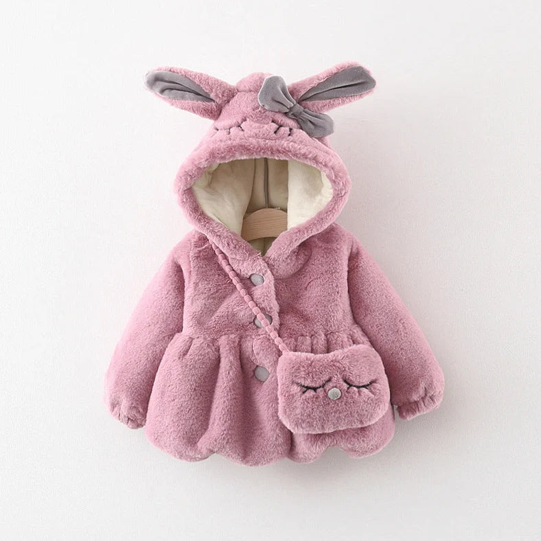 Children's furry cotton-padded coat with cartoon pattern in red colour, showing single-breasted closure and fleece lining
