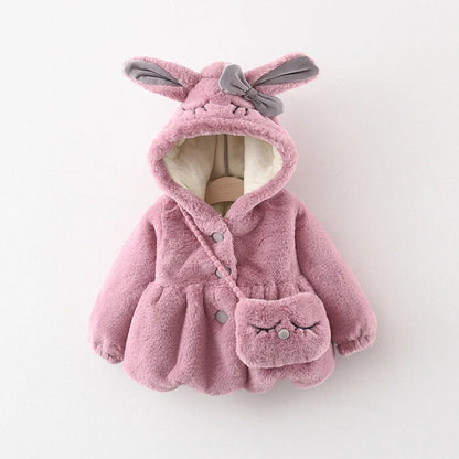 Children's furry cotton-padded coat with cartoon pattern in red colour, showing single-breasted closure and fleece lining