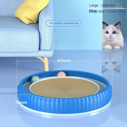Round cat scratching board with removable pad and toy bell ball in navy blue