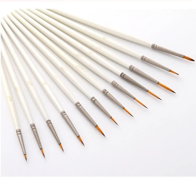 Set of 12 Pearl White nylon wool artist brushes in a solid wood pen holder, for watercolour and acrylic painting.