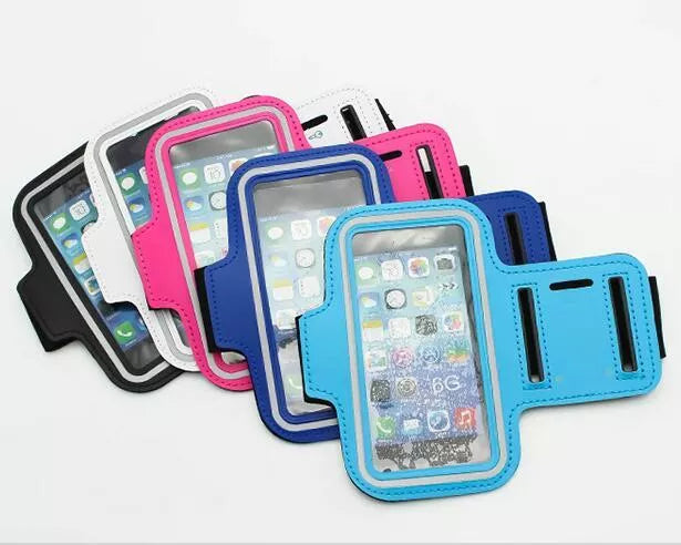 Adjustable outdoor phone arm band with full touch screen access in multiple colors