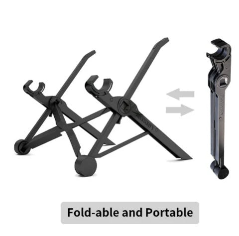 Stylish desktop computer stand with a sleek black metal frame and a wooden surface, elevating a laptop or desktop computer to an optimal viewing height.