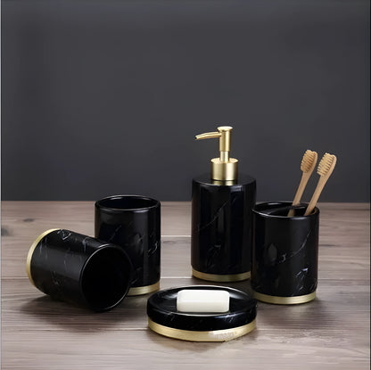 Ceramic bathroom set with bright glaze showing emulsion bottle, cup, toothbrush holder and soap dish