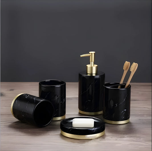 Ceramic bathroom set with bright glaze showing emulsion bottle, cup, toothbrush holder and soap dish