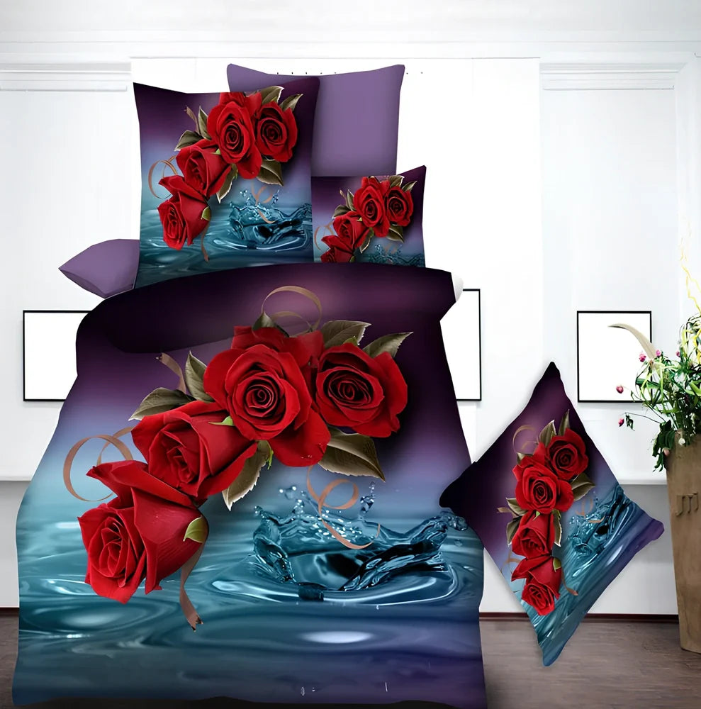 Brushed 3D floral pattern four-piece bedding set with quilt cover, sheets, and pillowcases in blue colour