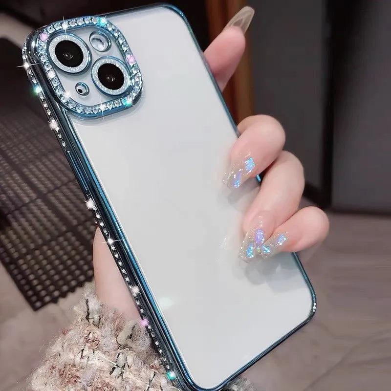Rhinestone phone case with glass back and TPU silicone bumper for iPhone, in blue, purple, rose gold, or silver.