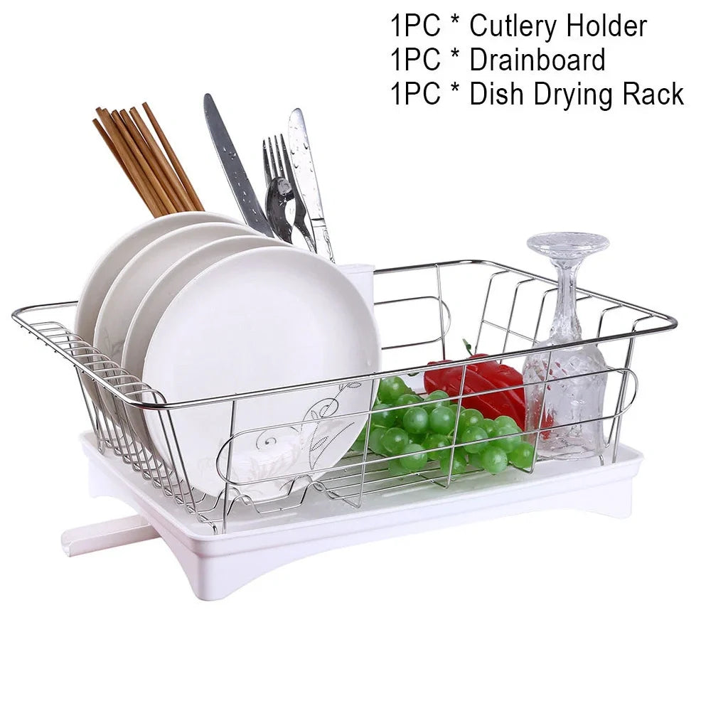 Black stainless steel dish drying rack with drain board and removable cutlery holder