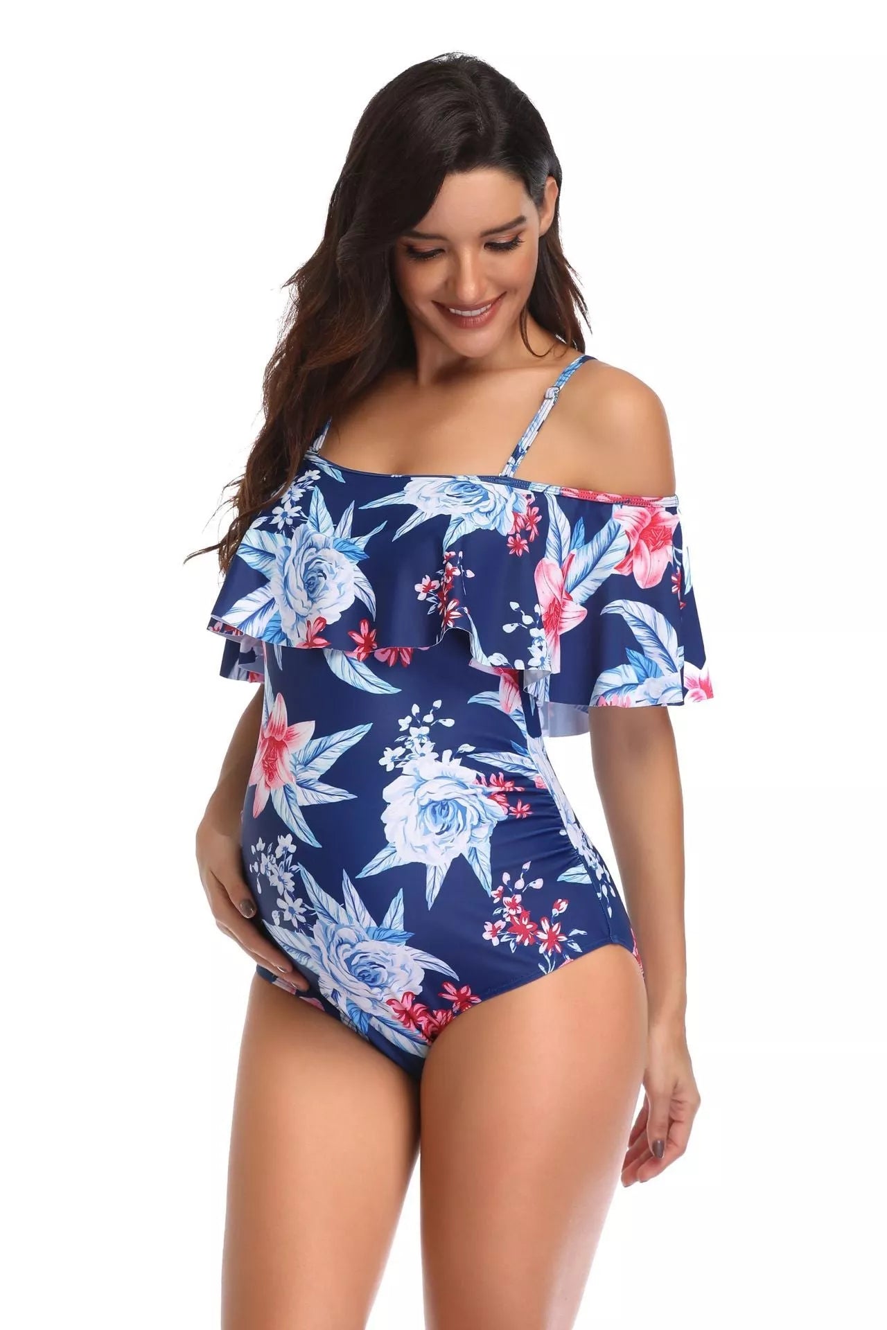 Blue printed maternity swimsuit with stretch polyester fabric for expectant mothers