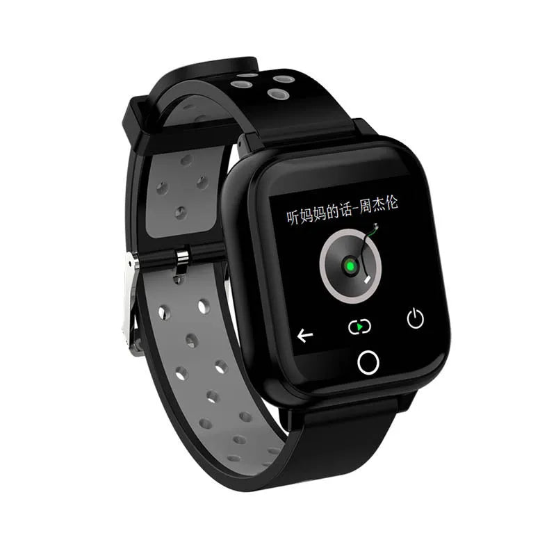 Black smartwatch with integrated Bluetooth earbuds showing a 1.4-inch display with fitness metrics.