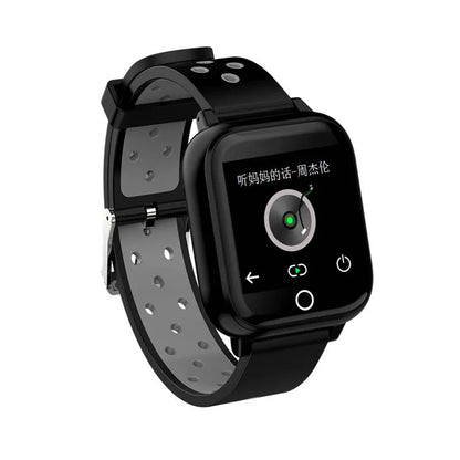 Black smartwatch with integrated Bluetooth earbuds showing a 1.4-inch display with fitness metrics.