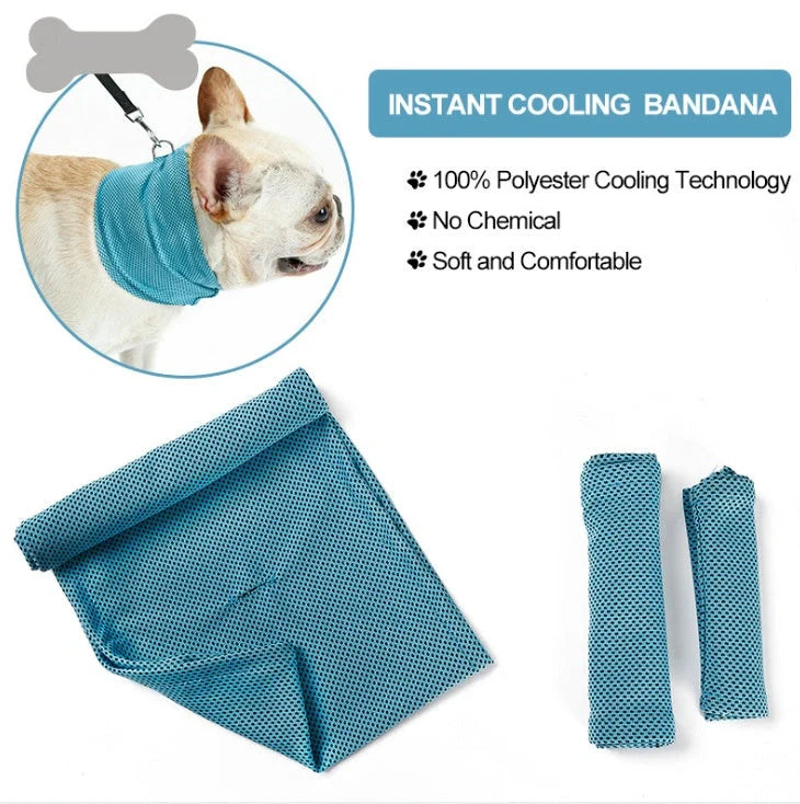 Blue instant cooling pet bandana for dogs, perfect for summer heat relief