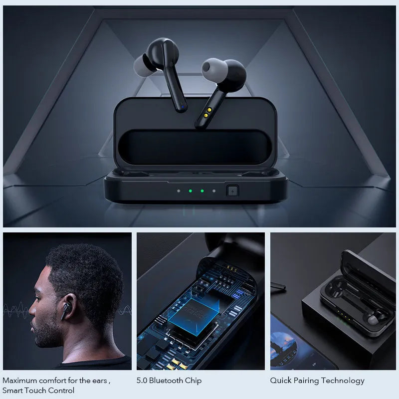 Black TWS wireless earbuds with charging case showing Bluetooth 5.0 and IPX5 waterproof features