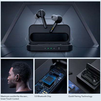 Black TWS wireless earbuds with charging case showing Bluetooth 5.0 and IPX5 waterproof features