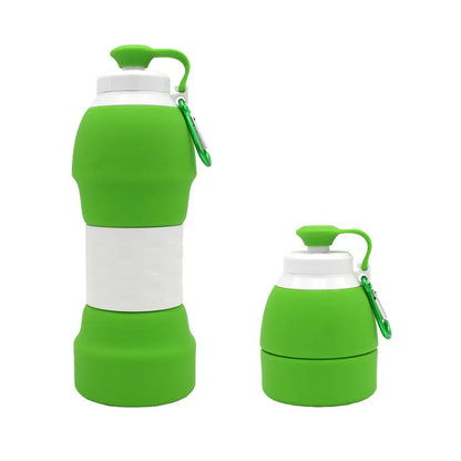 Blue silicone folding water bottle shown both extended and collapsed, next to a backpack.