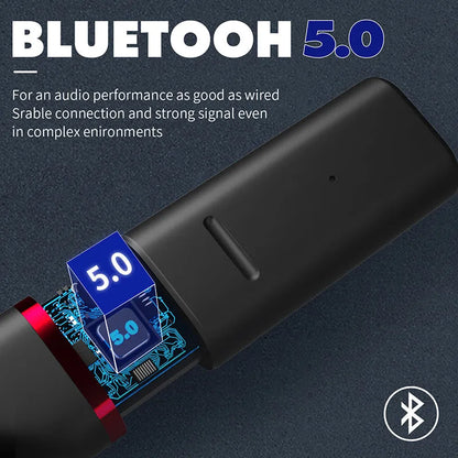 VV1 black and white Bluetooth earphones with a compact charging case on a table.