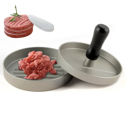 Aluminium burger press with handled plate creating 1cm thick patties on stable base