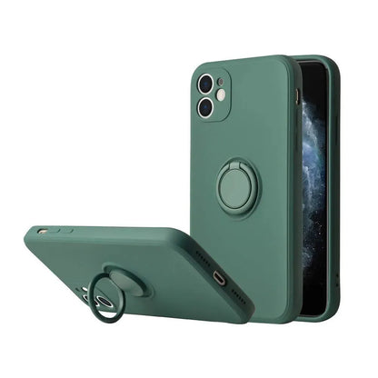 Liquid silicone case with rotating ring bracket for Apple iPhone 12 on a table, shown in green colour.