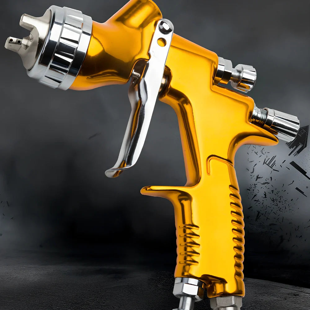 Gold aluminium HVLP spray gun with 600cc plastic pot and 1.3mm nozzle for water-based paints